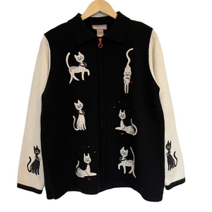 Vintage Black & White Cat Embroidered Cardigan Colour-block Collar Full Zip Up